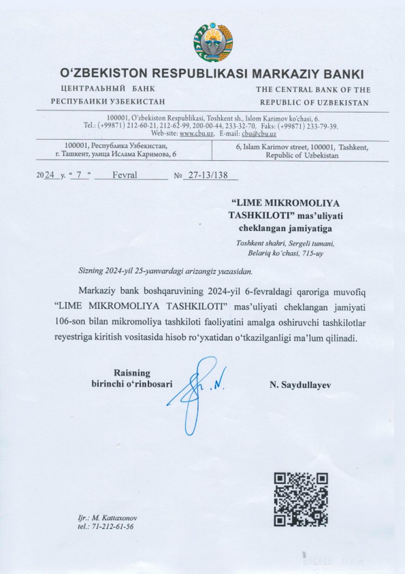 O'zbekiston Respublikasi Markaziy bankining 06.02.2024 dagi 106-sonli litsenziyasi